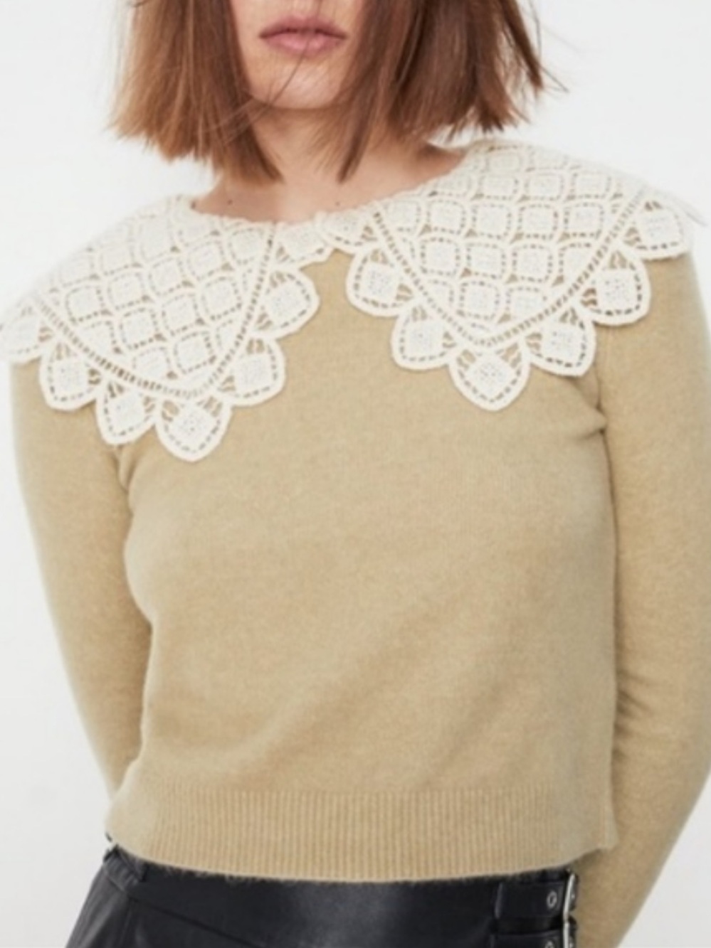 Zara Cropped Sweater Oversized Pilgrim Style Crochet Collar Women’s Size Small